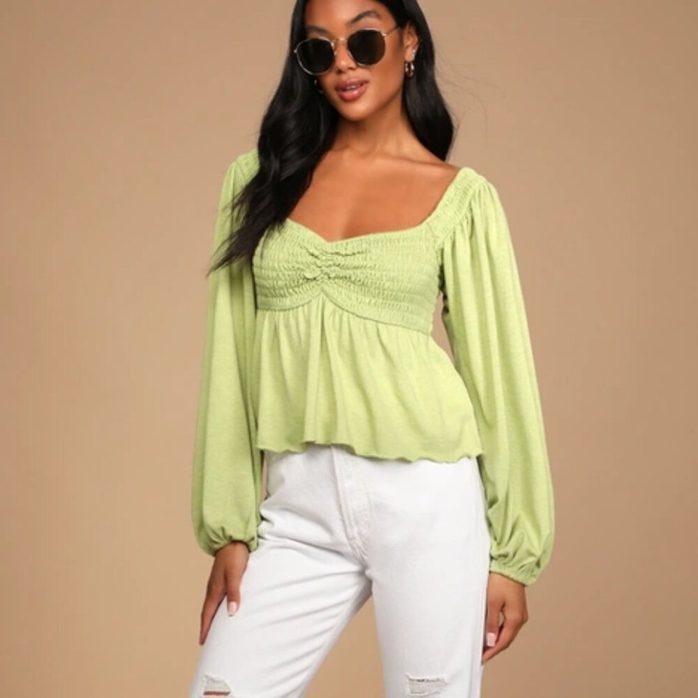 Lulus Ready For Spring Light Green Smocked Long Sleeve Top - Size M